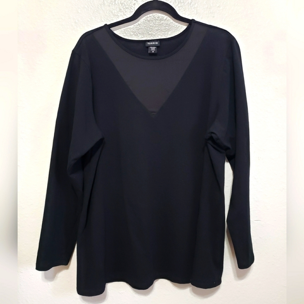 TORRID V-neck Mesh Front Long Sleeve Top, Color Black, Size 4X
